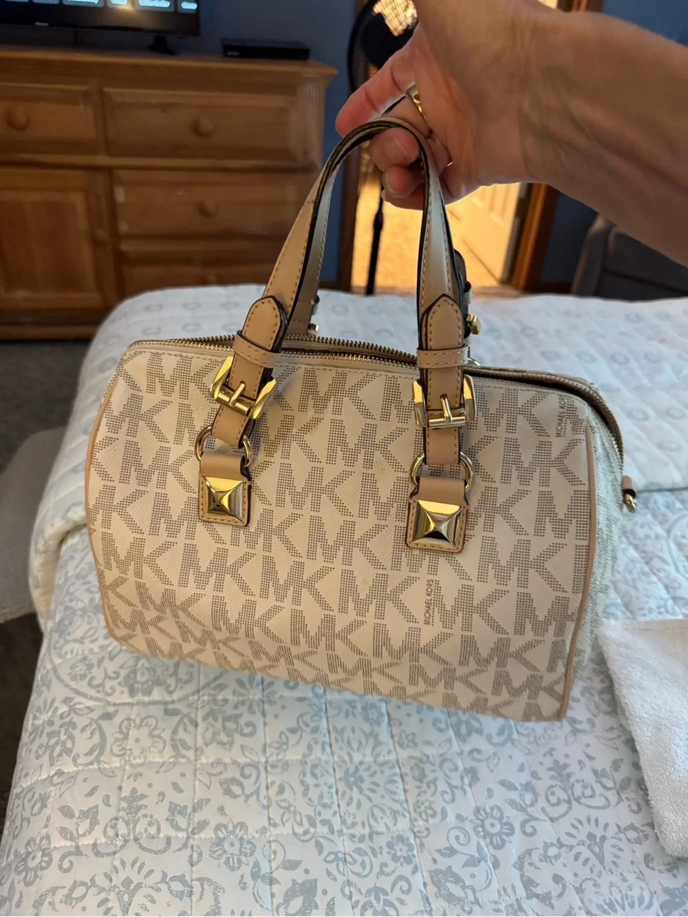 Michael Kors Beige Logo Dome Satchel with Gold Hardware